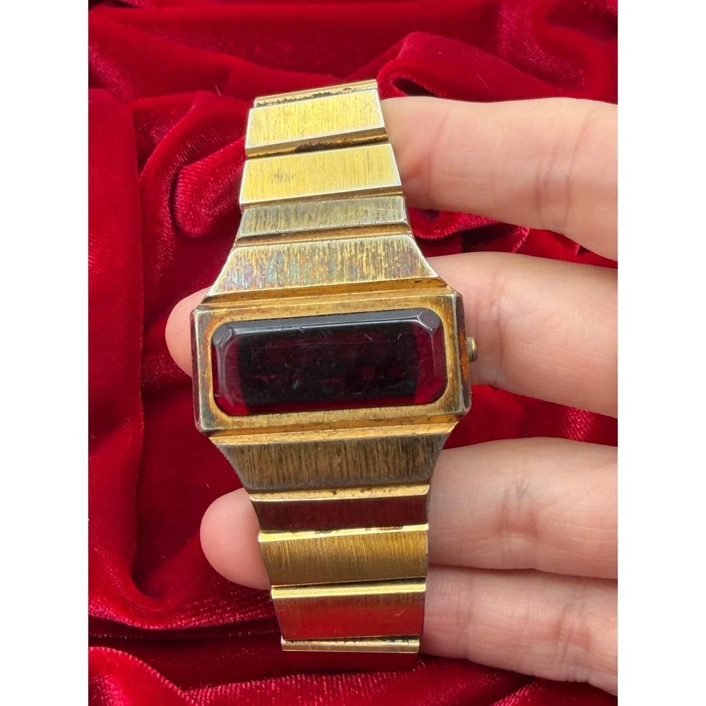 Vintage Benrus? Red LED Digital Watch Gold Tone Integrated Bracelet Untested